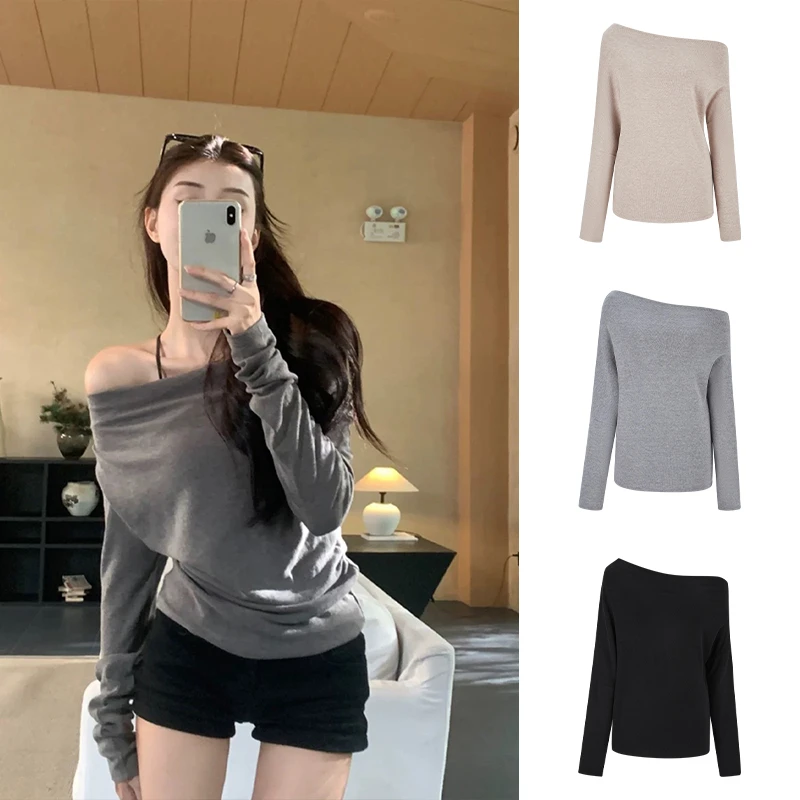 Moses Queen/魔西女王灰色斜肩纯欲女春季不规则慵懒风露肩长袖