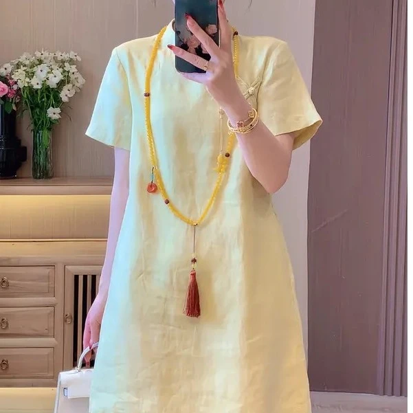 新中式国风亚麻雨露麻旗袍裙连衣裙裙子女淑女法式轻奢a摆半身裙