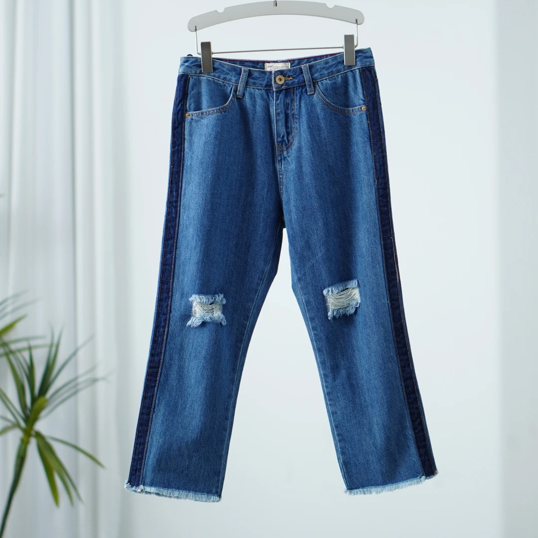 【德M】Y599-5 女装春夏破洞九分牛仔裤蓝色01728927705703
