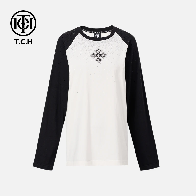 TCH烫钻工艺时尚休闲百搭简约长袖T恤女T75C08E9003轻奢tch