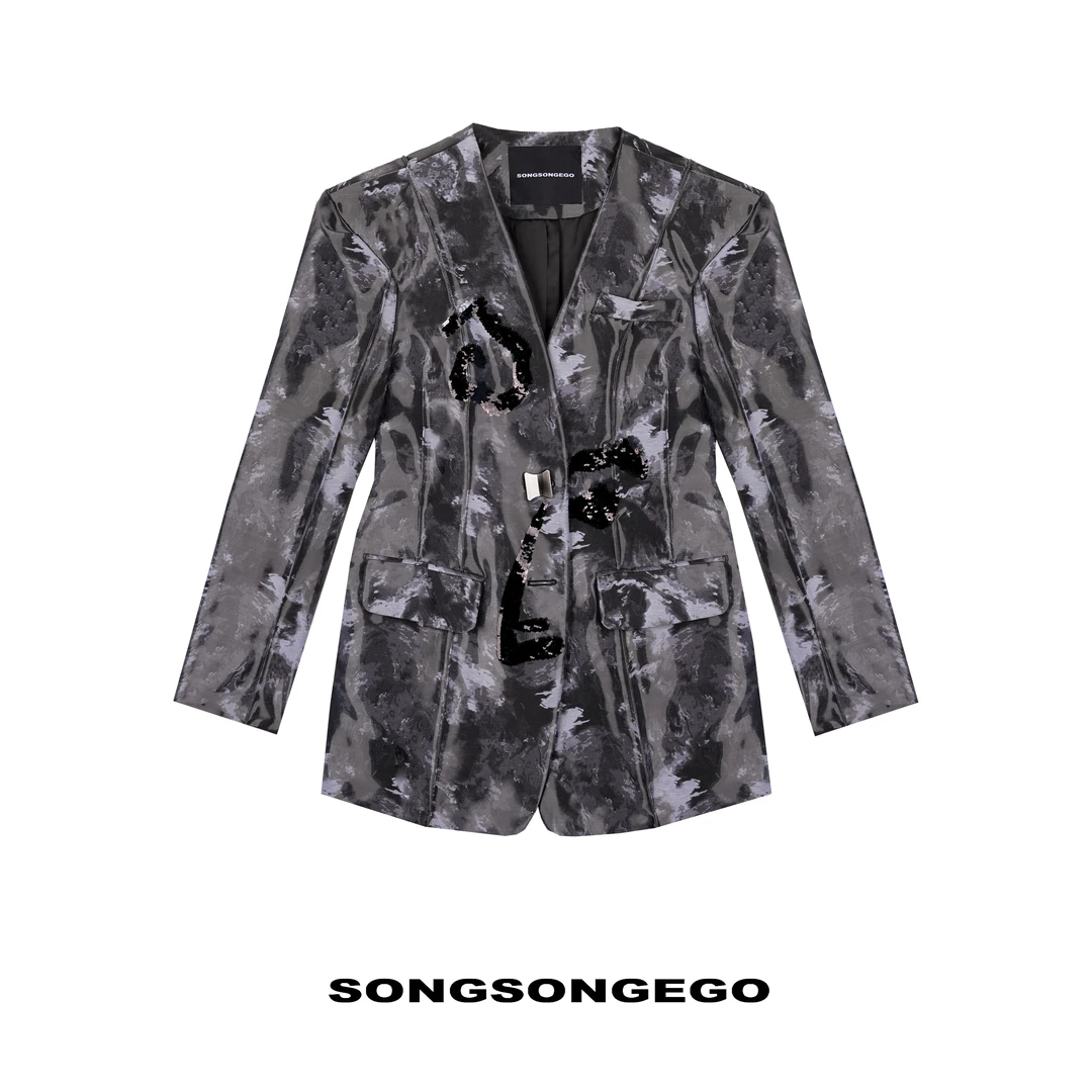 SONGSONGEGO独立原创小众设计师果冻感金属丝无领西装外套6009