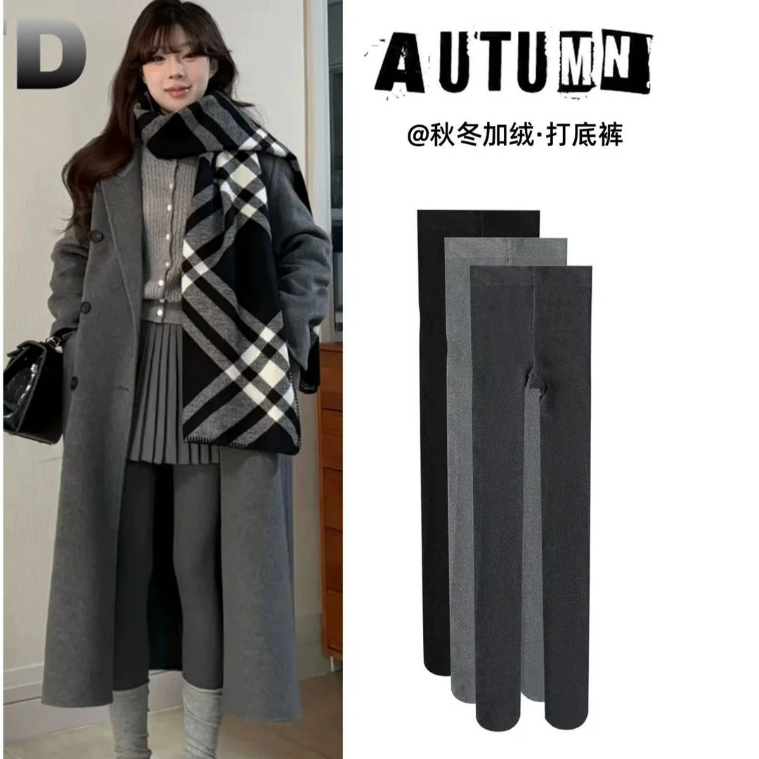 上说时尚韩鹃灰色连裤袜女秋冬季微压显瘦漫画腿竖纹打底裤袜加