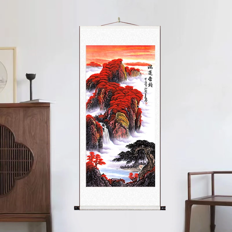 《竖轴鸿运》大气背景墙竖幅挂画山水靠山客厅风景装饰画Q1玄关