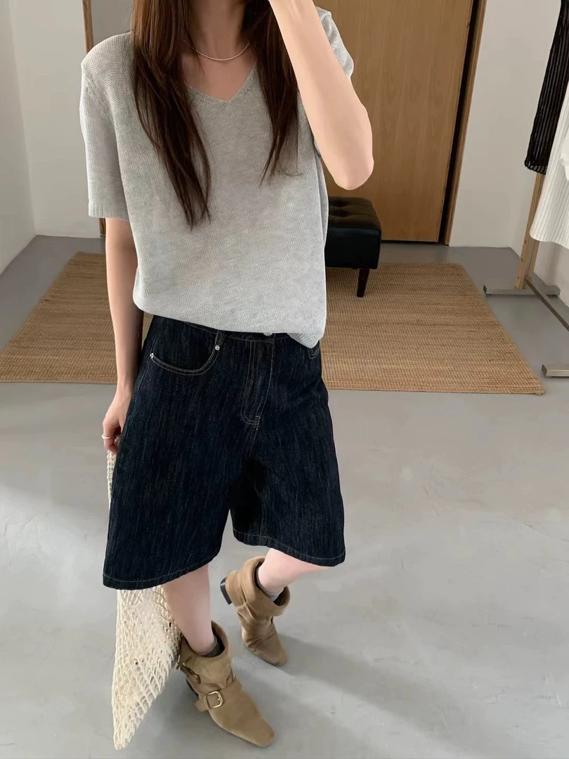 53013 百搭V领短袖麻麻针织衫（衣长52左右）