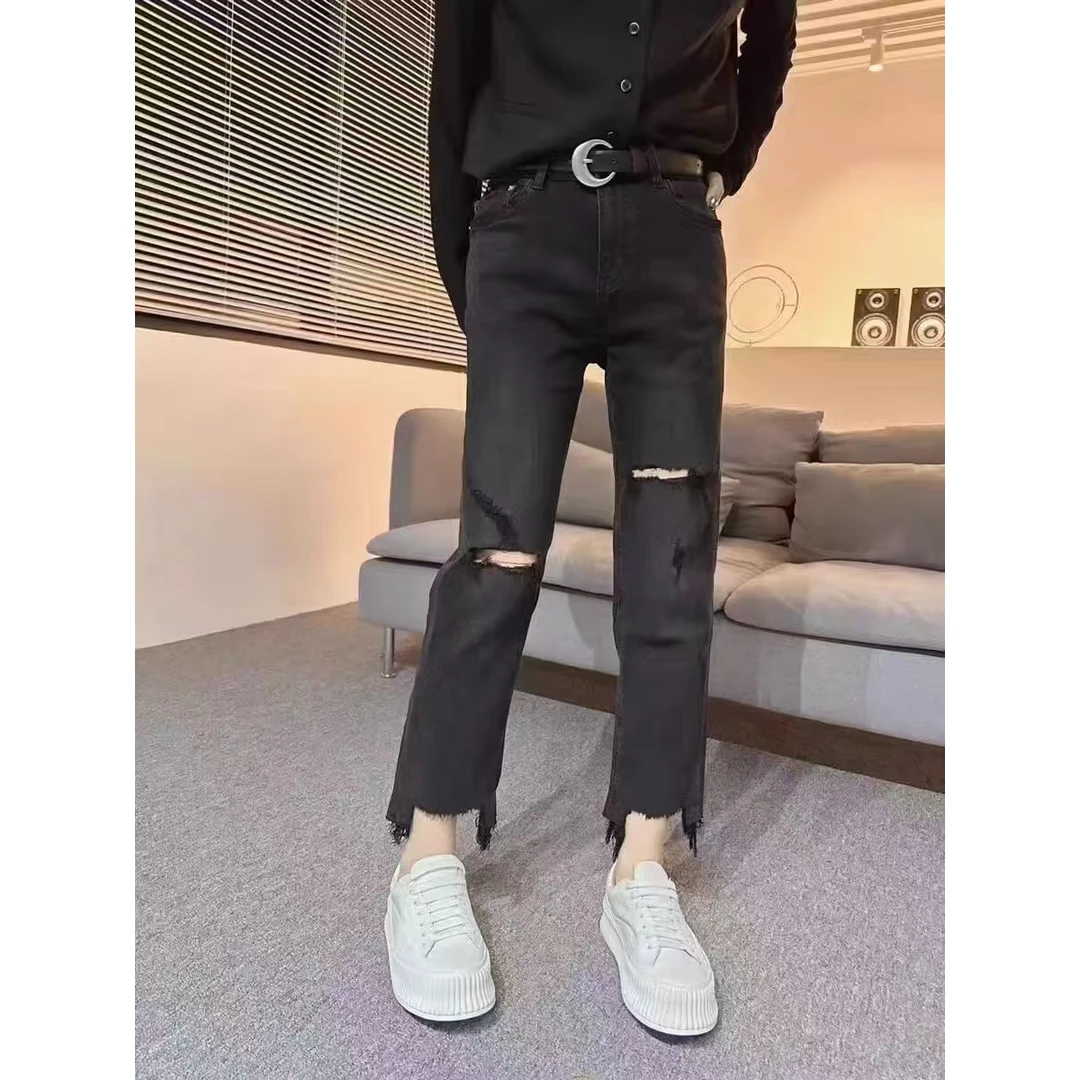 七七家大码水洗高弹做旧破洞烟管裤八分小脚裤416