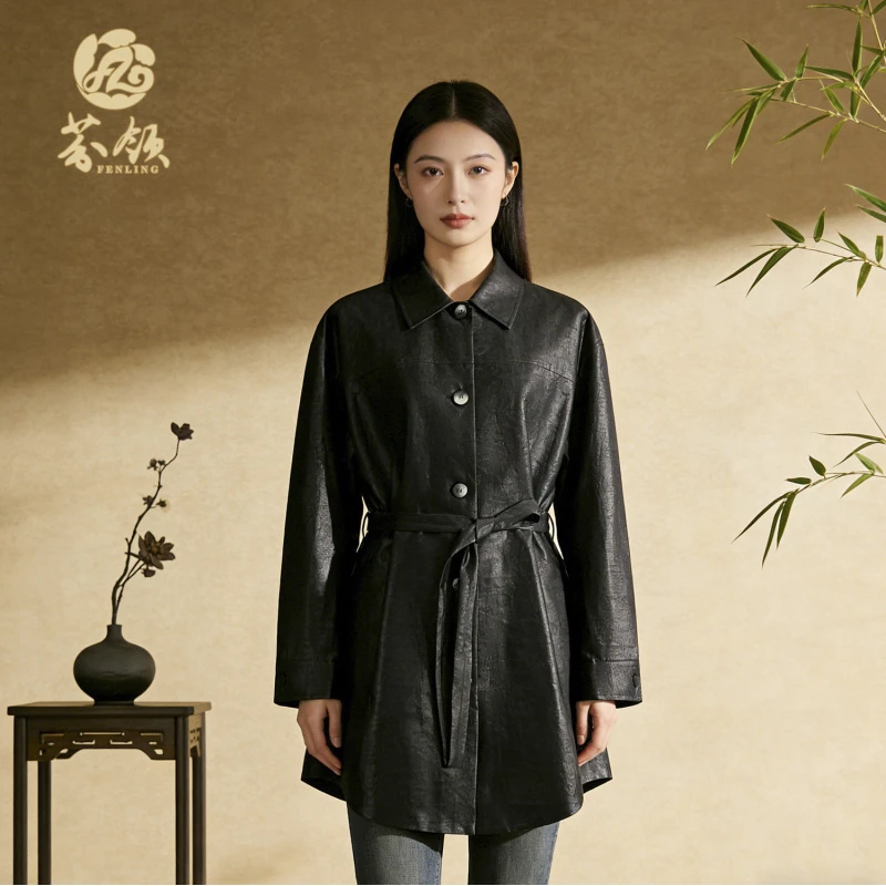 芬领-灼华-桑蚕丝重磅老缎龟香云纱风衣外套百搭气质B01-26-WT688