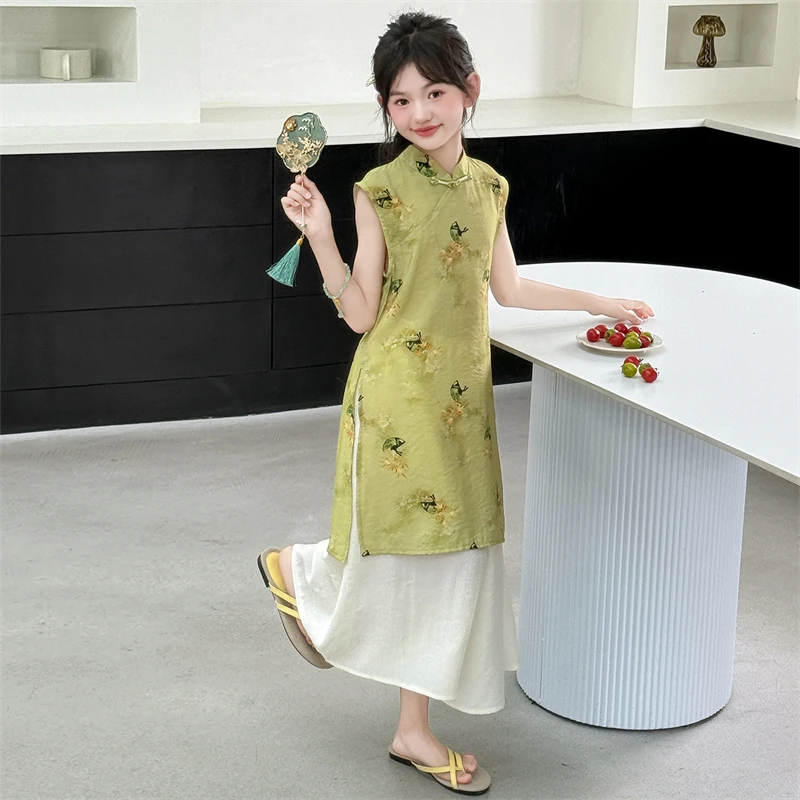 女童夏季穿搭无袖背心裙旗袍裙套装女大童夏装宽松半身裙两件套潮