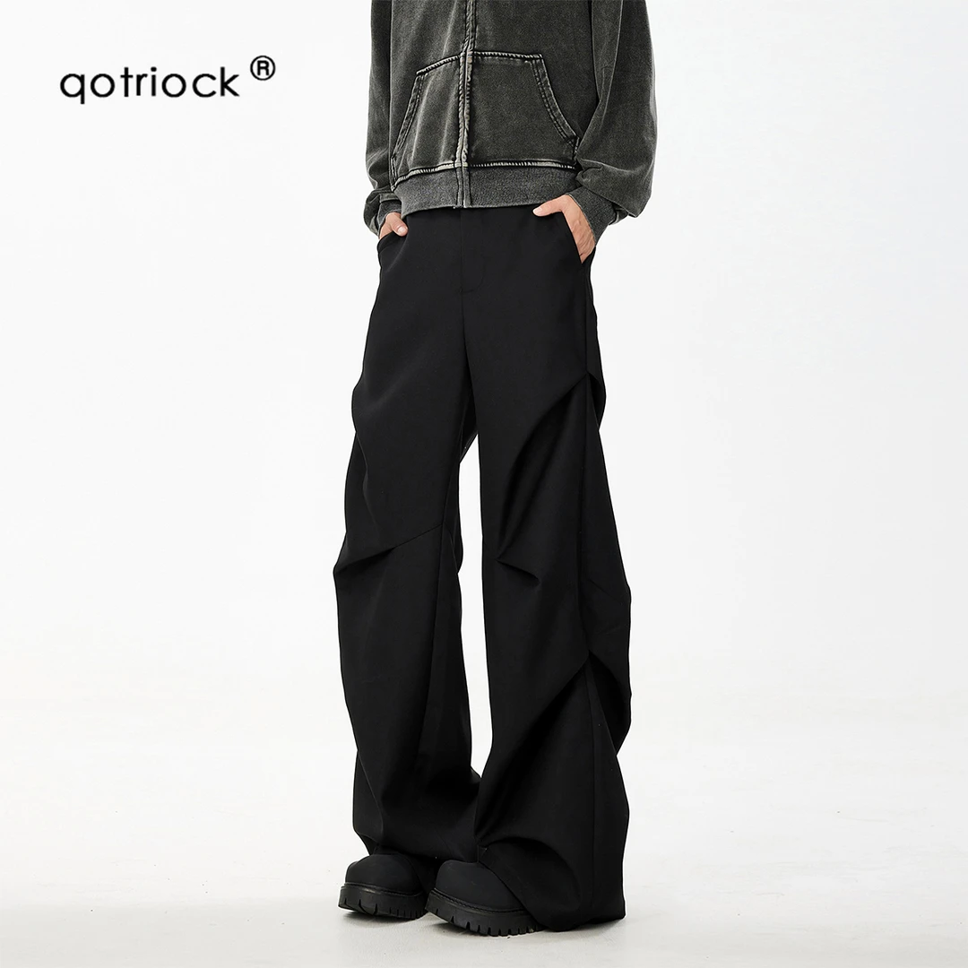 QOTRIOCK美式小众褶皱伞兵裤男女宽松休闲微喇裤高级感黑色西裤潮