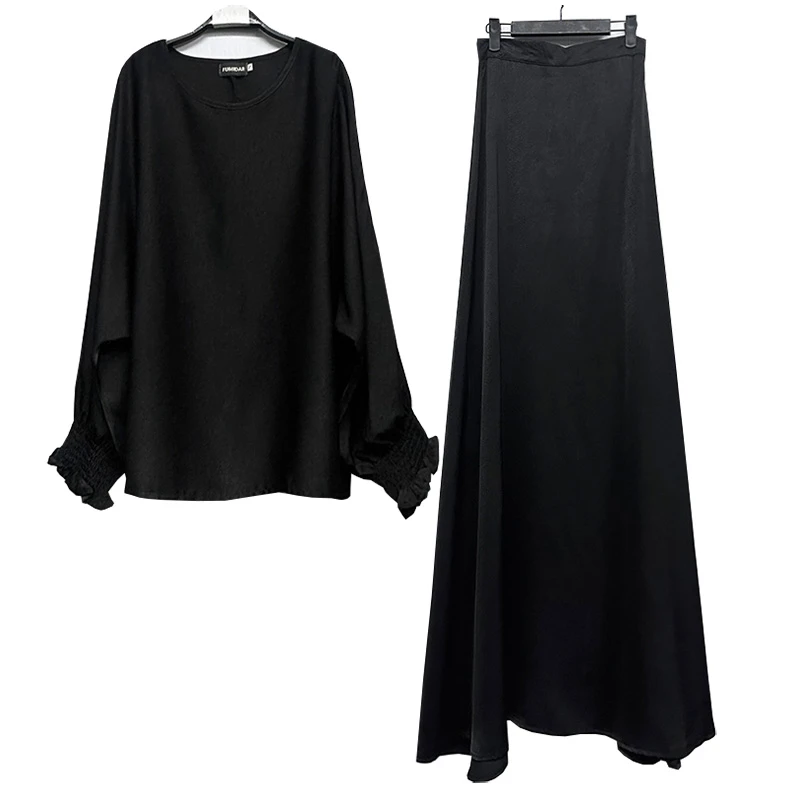 外贸原单175-180高个子女装蝙蝠衫宽松上衣+高腰气质半身裙两件套