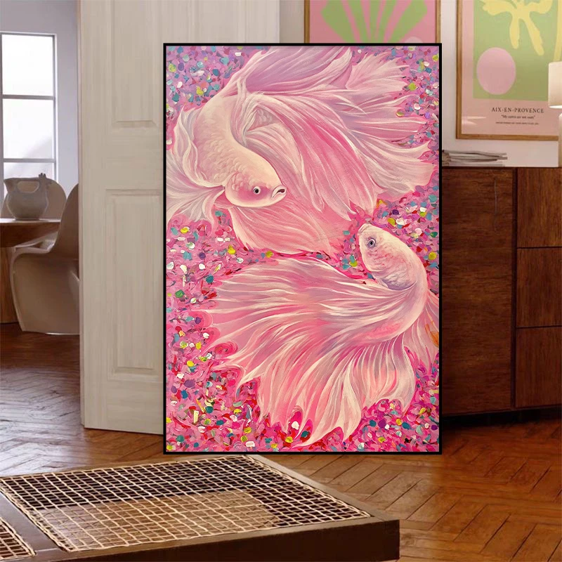 粉色锦鲤小众客厅玄关大气装饰画过道壁画书房卧室餐厅挂画