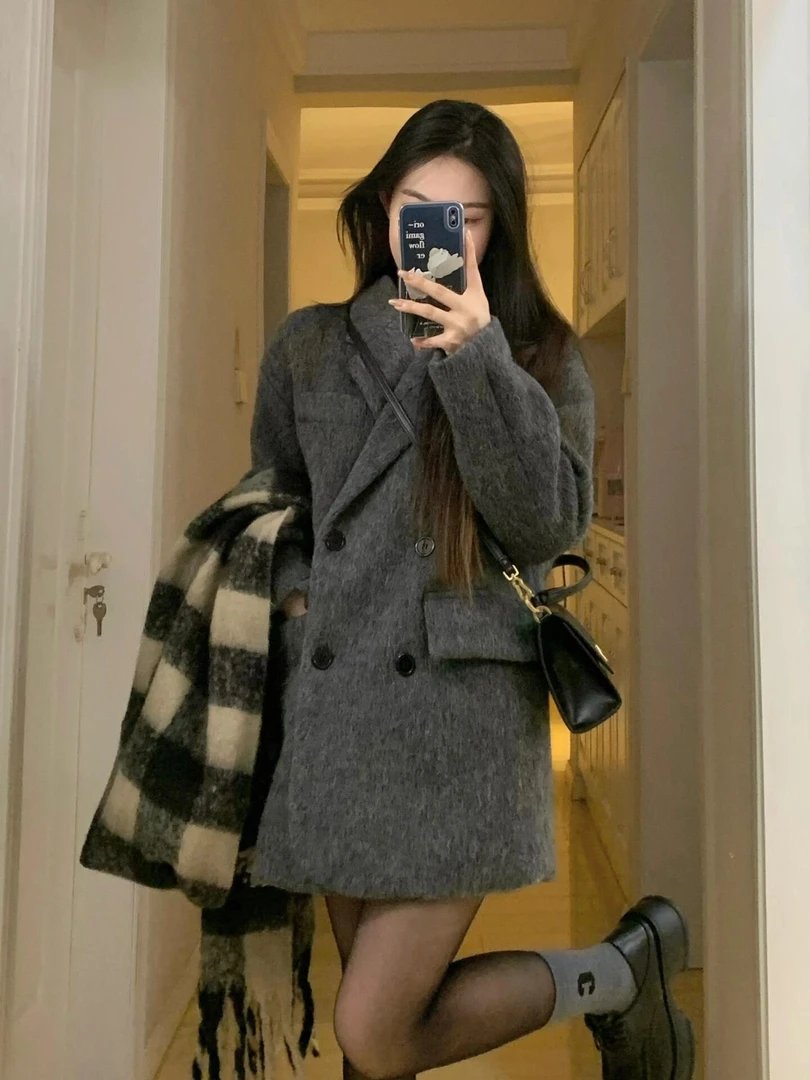 小个子加棉加厚呢子大衣女秋冬季新款韩系高级感短款西装毛呢外套