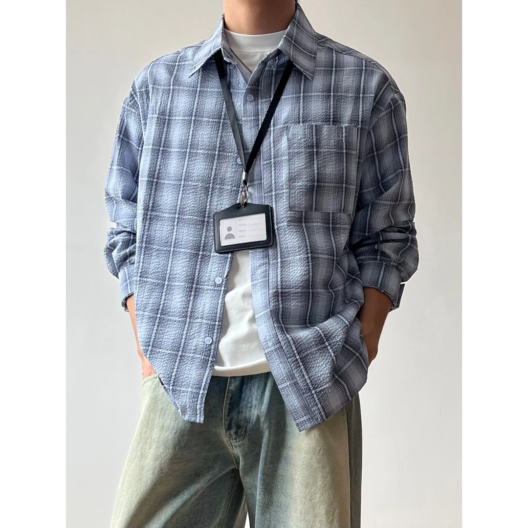 美式休闲长袖泡泡纱格子衬衫中性风衬衣男女蓝色宽松廓形百搭6227