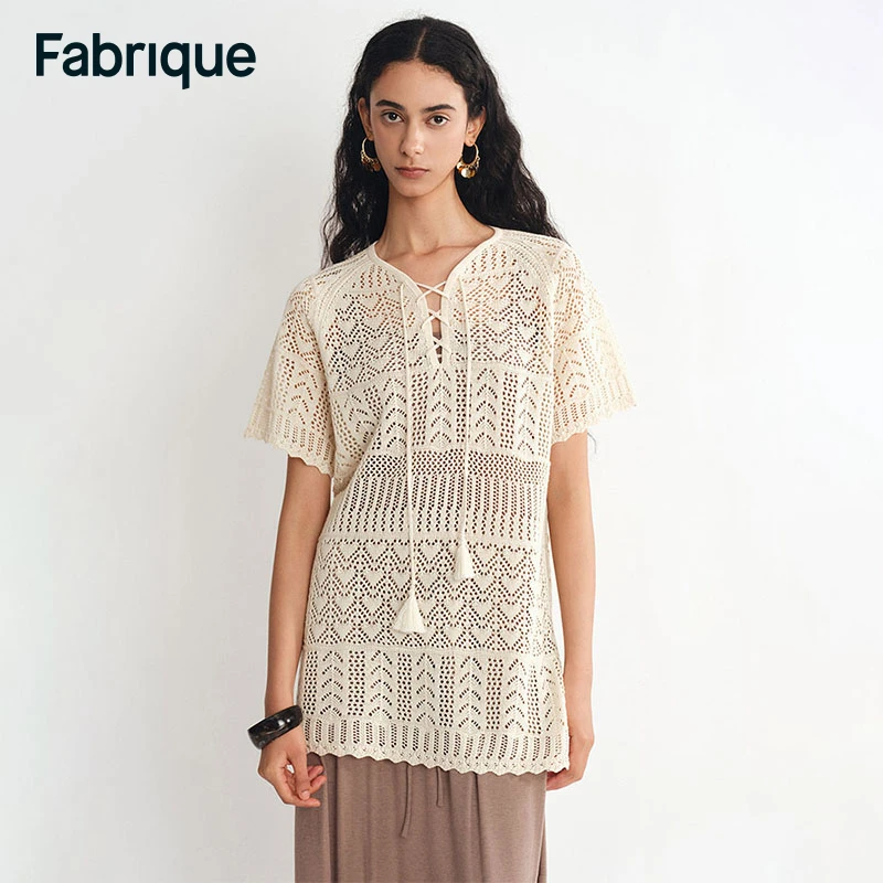 Fabrique Agnie 春夏新款亚麻爱心镂空针织V领法式度假风短袖上衣