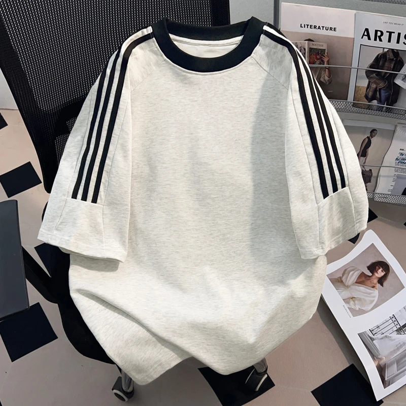 jtrt美式复古三条杠纯色短袖t恤男女夏季宽松oversize休闲上衣服