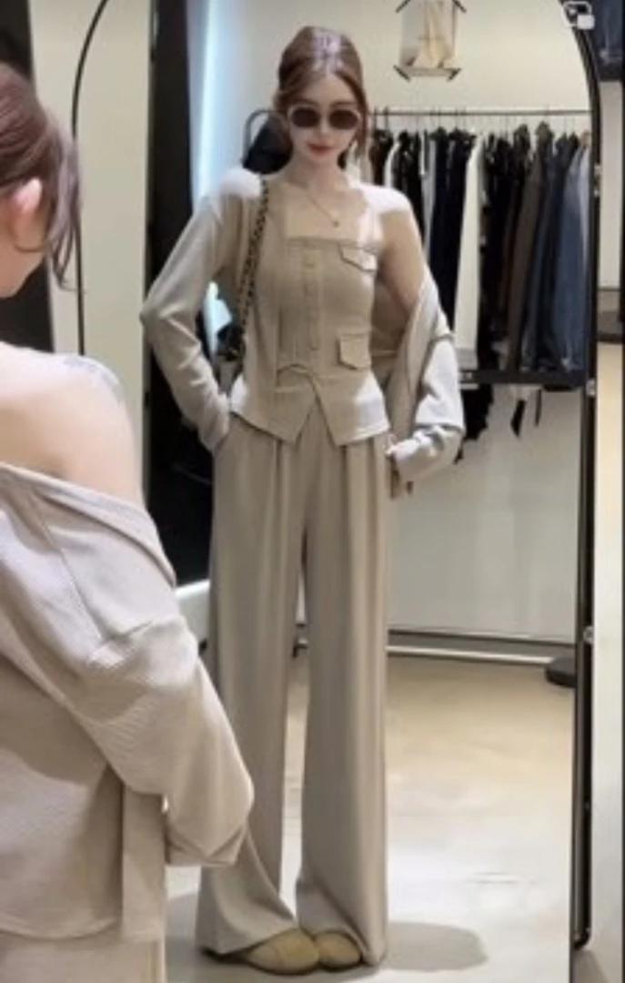 【L定制-柏林街头】秋新款纯欲风抹胸背心内搭设计减龄拼接裤套装