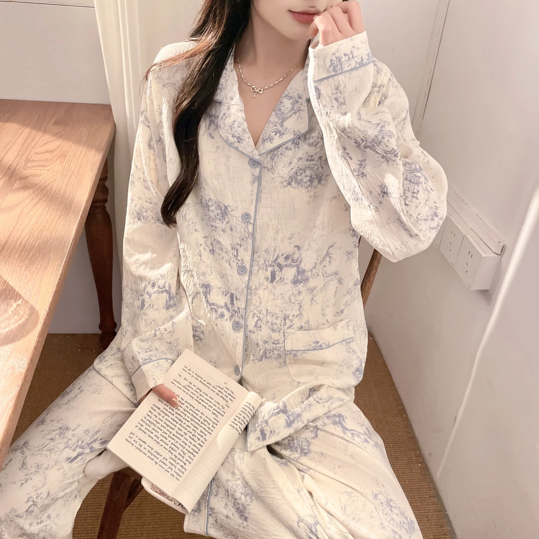 夏季皱皱棉纱带胸垫月子服孕妇产后透气哺乳装长袖睡衣