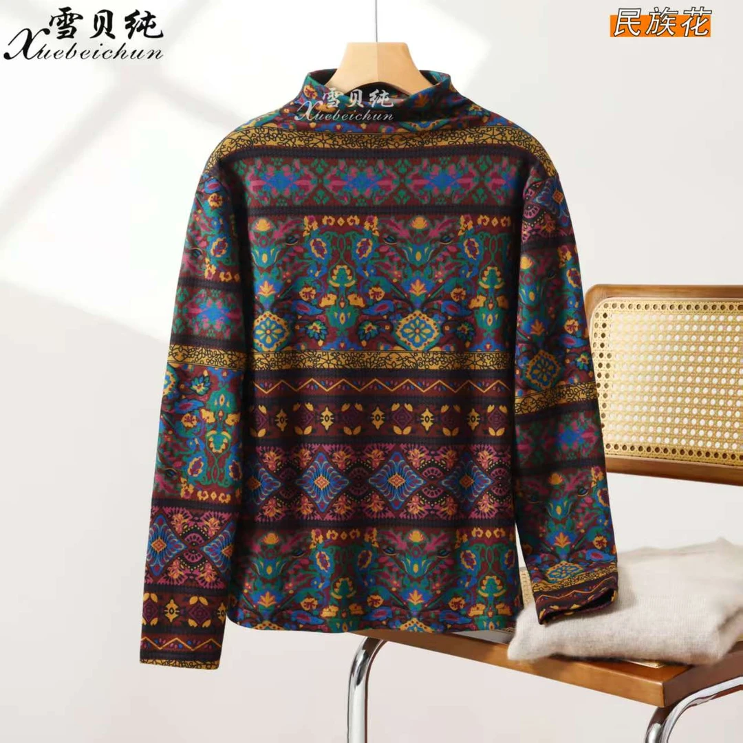 新款秋冬德绒女士双面绒亲肤暖暖衣显瘦保暖小衫-民族花