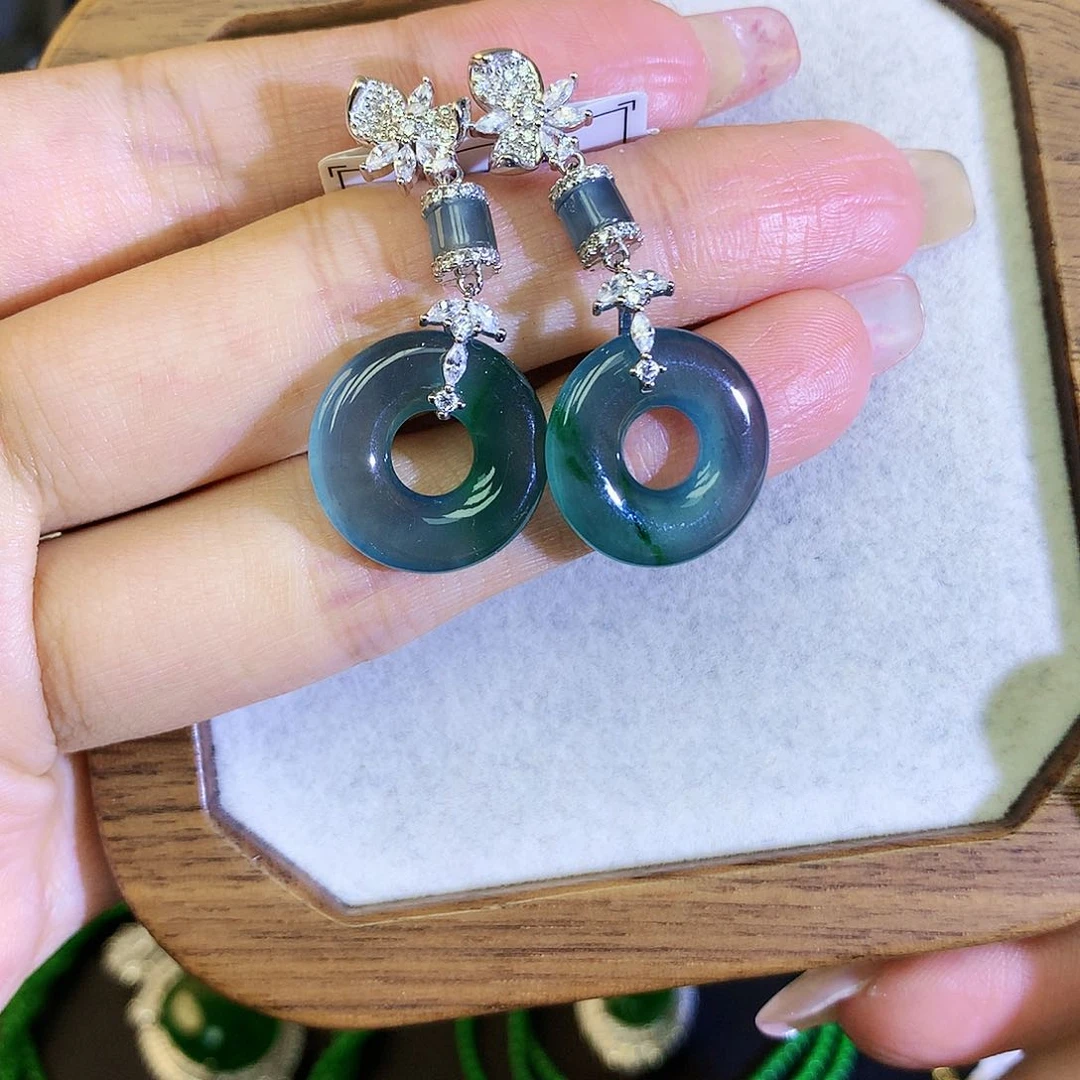 翡翠耳饰银S925镶嵌天然翡翠耳钉