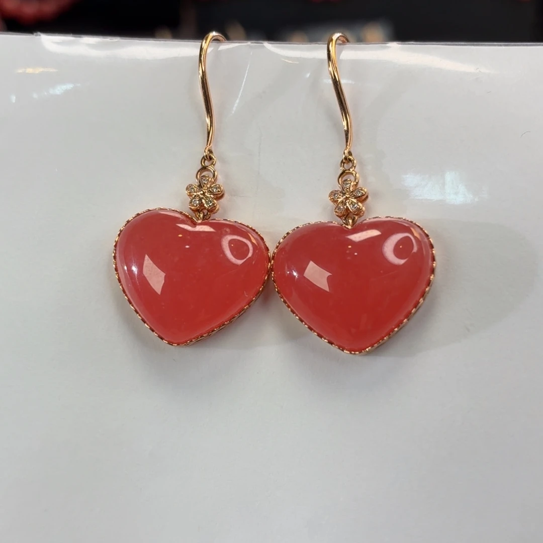 菱锰矿（红纹石）18K金镶嵌耳坠