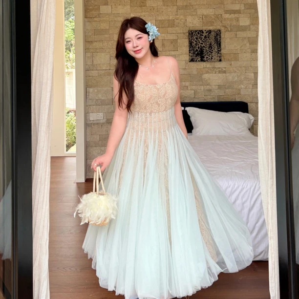 迷雾森林｜大码吊带连衣裙女夏季新款设计感小众收腰显瘦长裙子