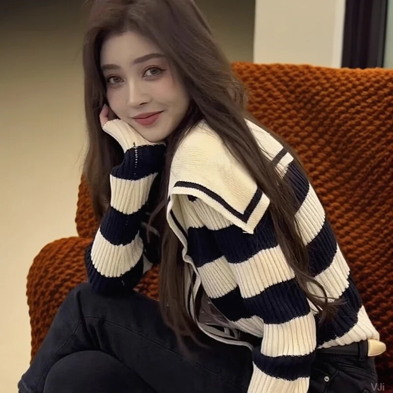 2025新款韩版辣妹海军领撞色条纹针织长袖T恤性感纯欲风软糯上衣