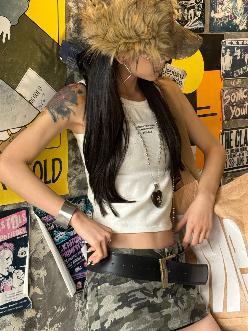 杨九七 现货夏季复古白色印花显瘦百搭修身吊带辣妹无袖背心 7408