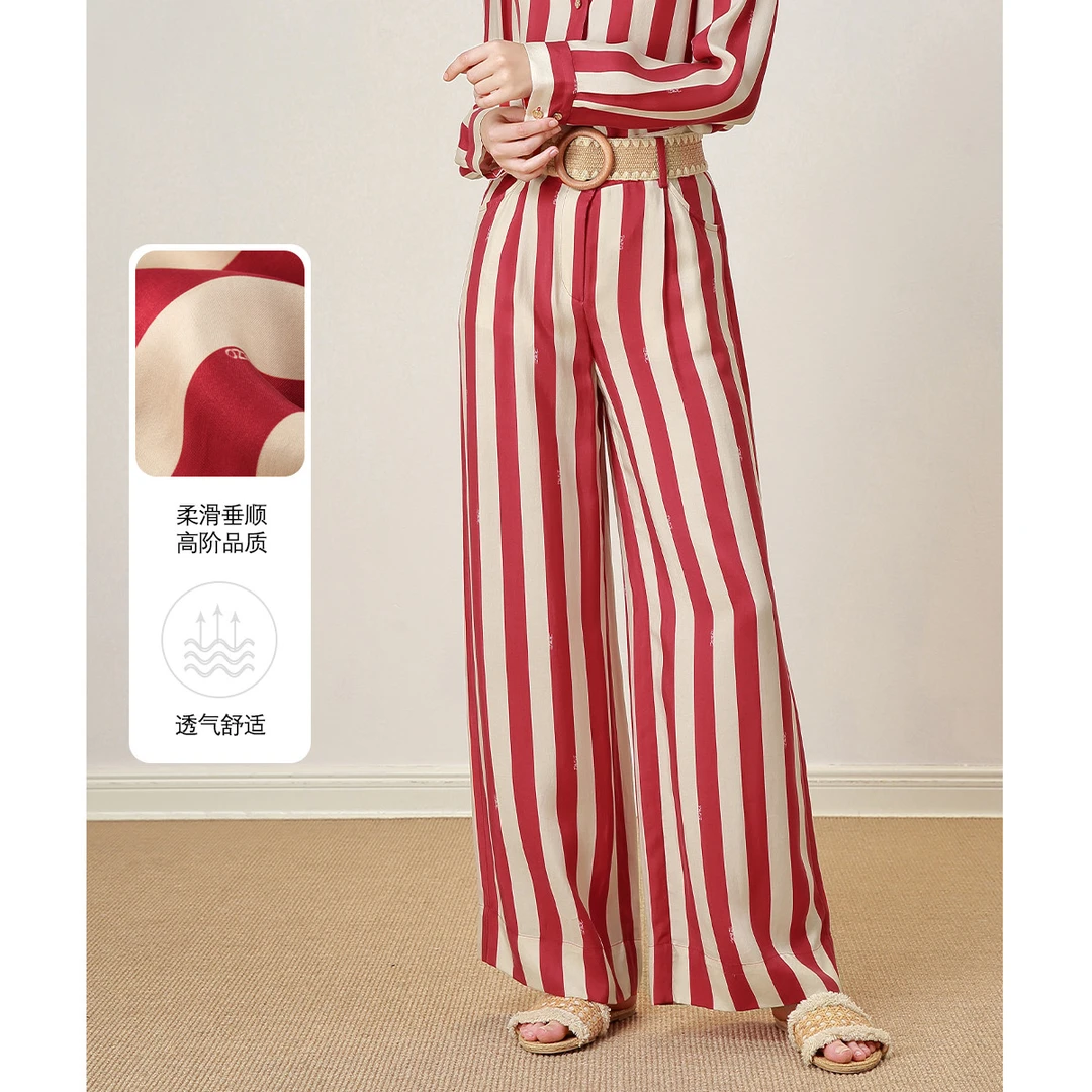 【JETEZO时尚条纹高腰舒适休闲裤红色显瘦印花高级感BC1EB012B1
