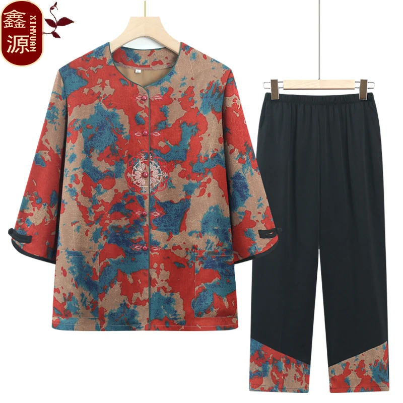 新款老年人女装奶奶装夏装短袖两件套妈妈老太太夏季套装老人套装