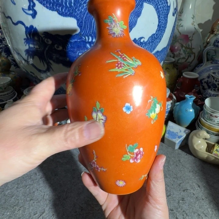 品***生摆件陶瓷工艺品摆件泛红珐琅彩盘口瓶