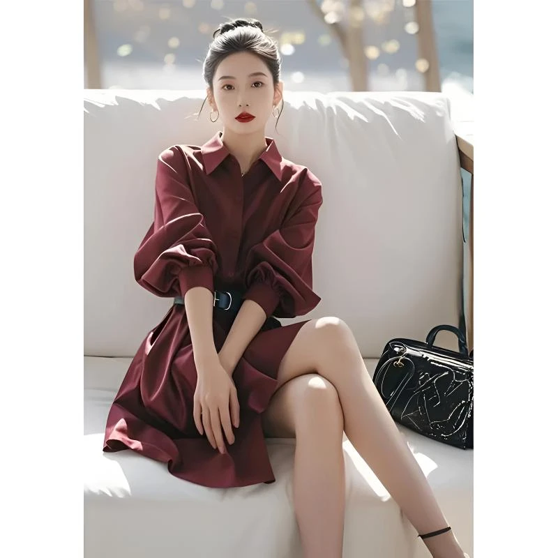 高级感女神范红色衬衫裙2025早春新款赫本风气质减龄裙子高知穿搭