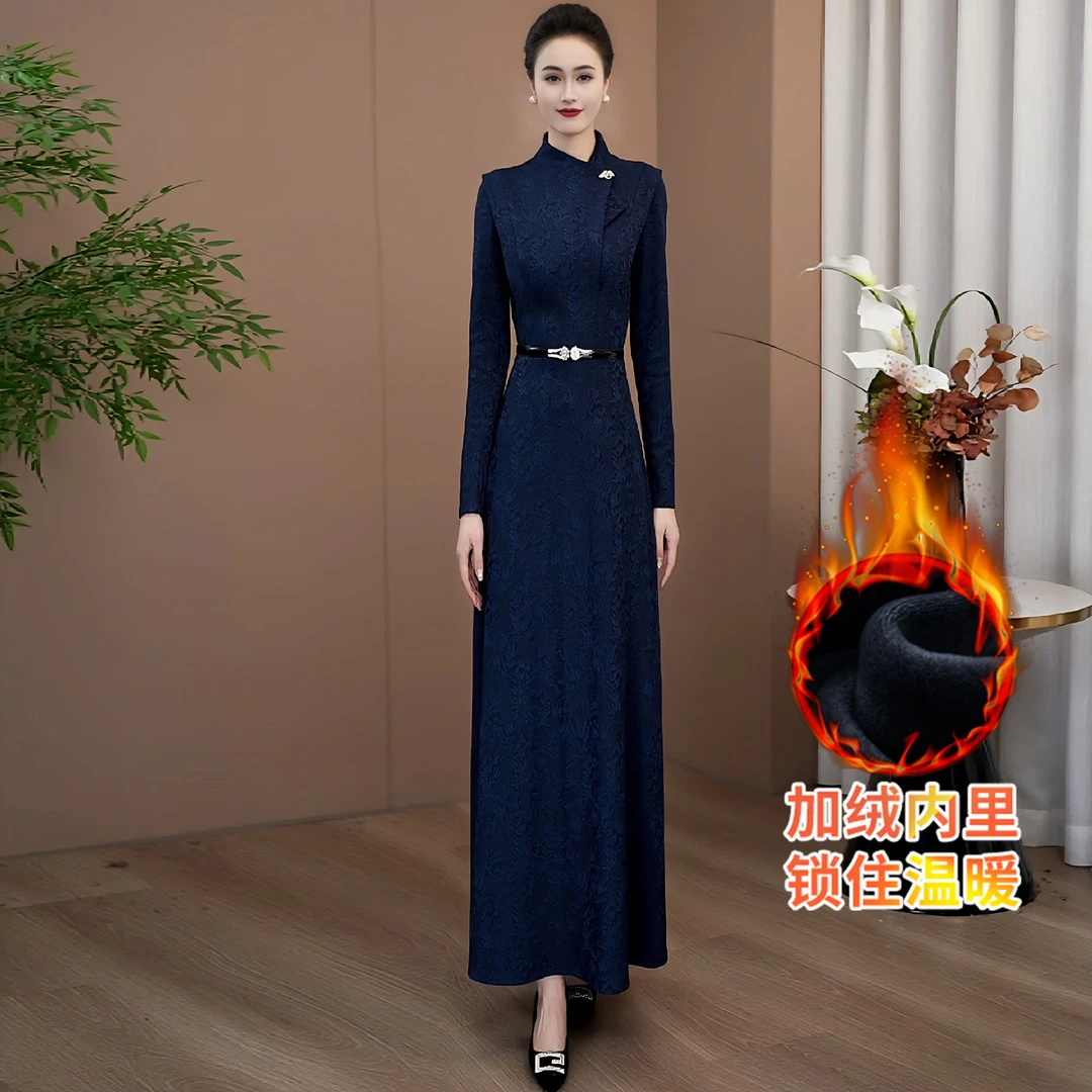 冬季加绒加厚女连衣裙2025年气质提花显瘦宴会长款保暖礼服裙119