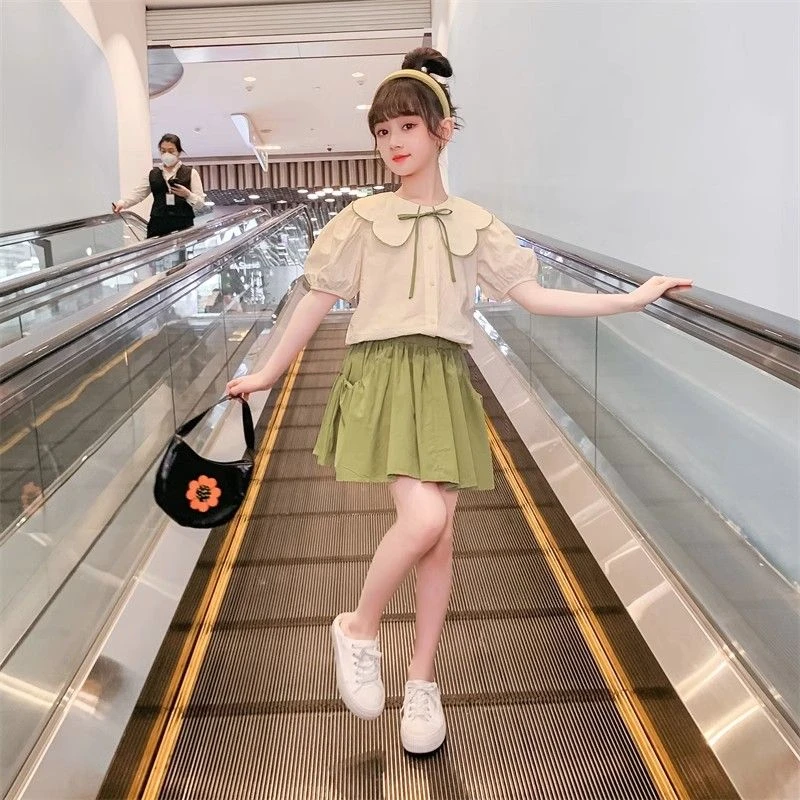 女童夏季套装2025新款洋气儿童装时髦短袖女孩大童公主裙子两件套