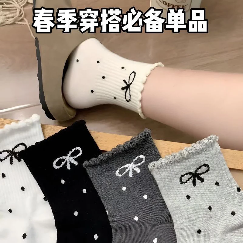 白色蝴蝶结袜子女春秋新款波点木耳花边ins潮女生百搭运动短筒袜