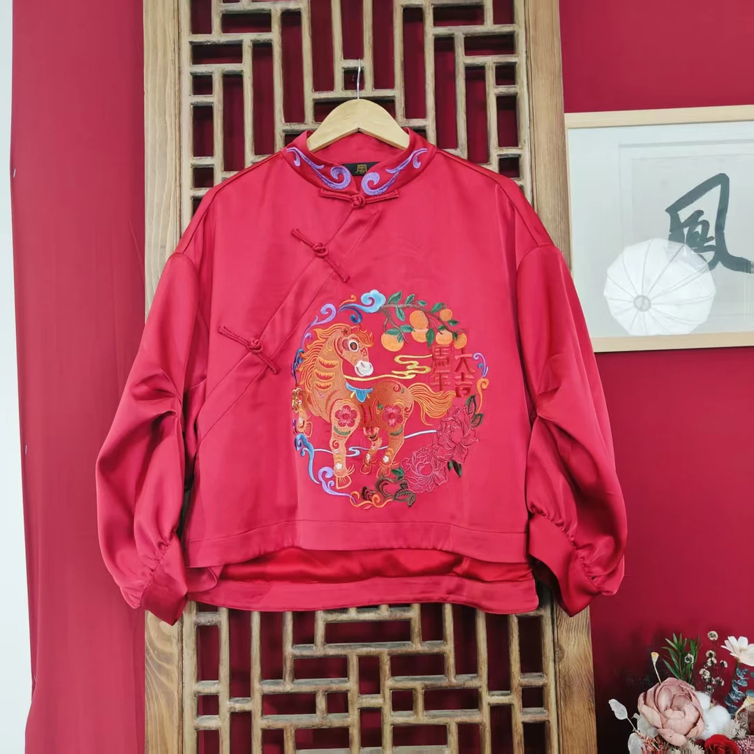 双面（LS488-72）凤徕兮私人定制红色光板马年大吉刺绣捏褶盘扣上衣