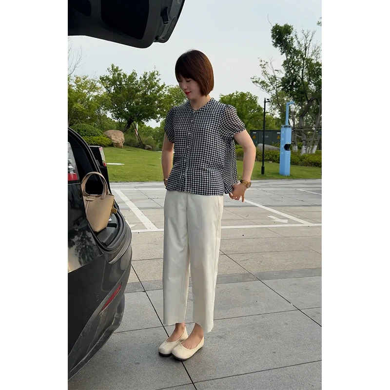 夏装独特漂亮两件套韩版百搭格子短袖上衣高腰显瘦九分裤一整套