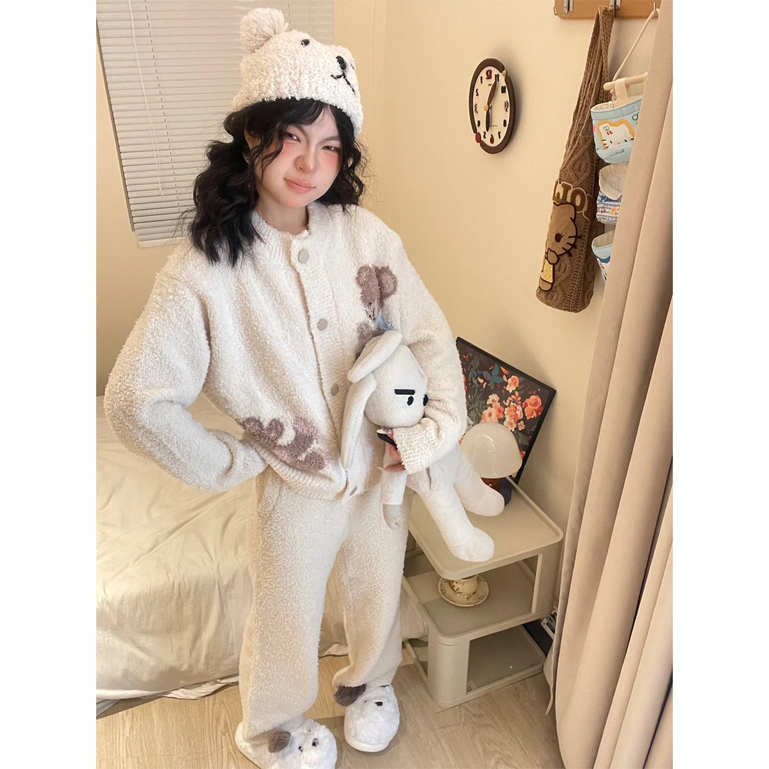 纯欲风少女保暖针织小熊半边绒睡衣女秋冬慵懒加厚家居服两件套装