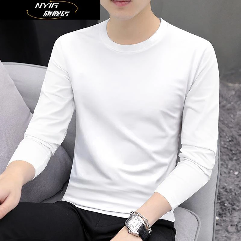 NYIG袖T恤男装2025新款春秋款纯白色上衣服大尺码秋衣内搭打底衫