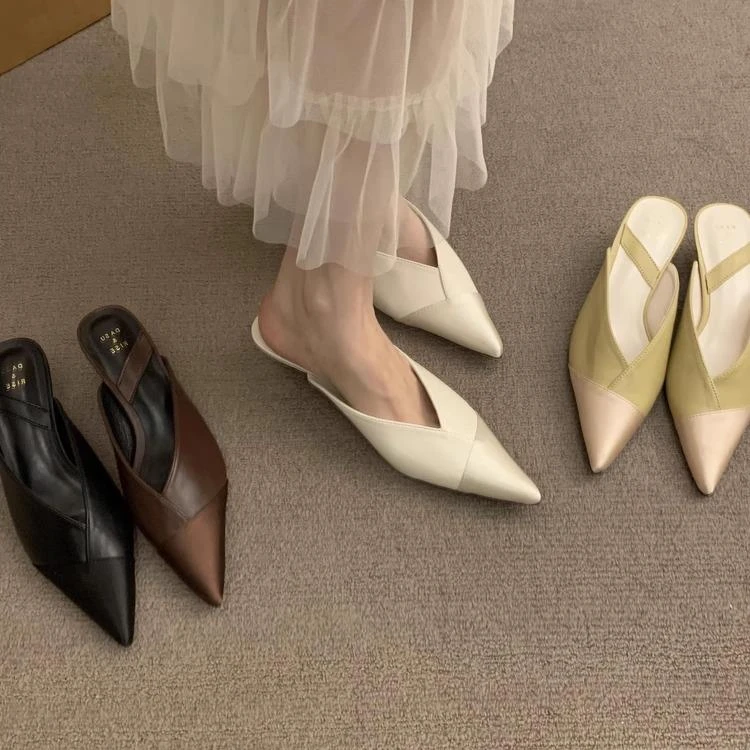 尖头半拖鞋女秋季外穿2025新款法式拖鞋低跟鞋穆勒鞋单鞋高跟鞋子