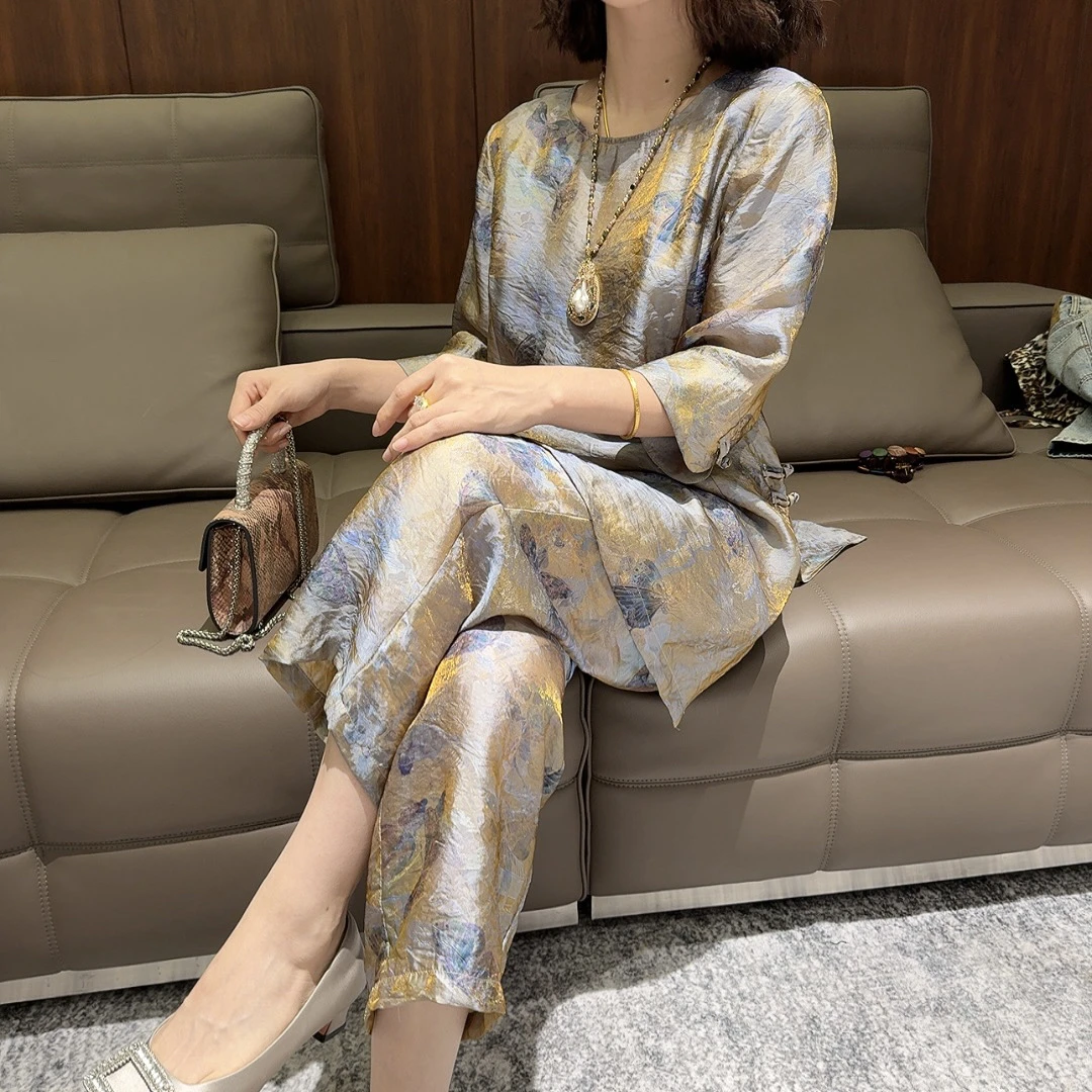 七彩丝光锻夏季渐变蝴蝶侧盘扣上衣➕裤子两件套
