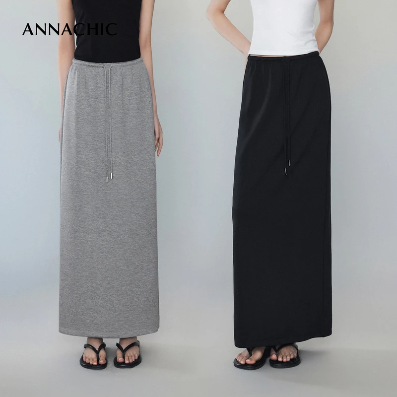 ANNACHIC花灰色氛围感日常半身裙女2025春季新款高腰显瘦直筒长裙