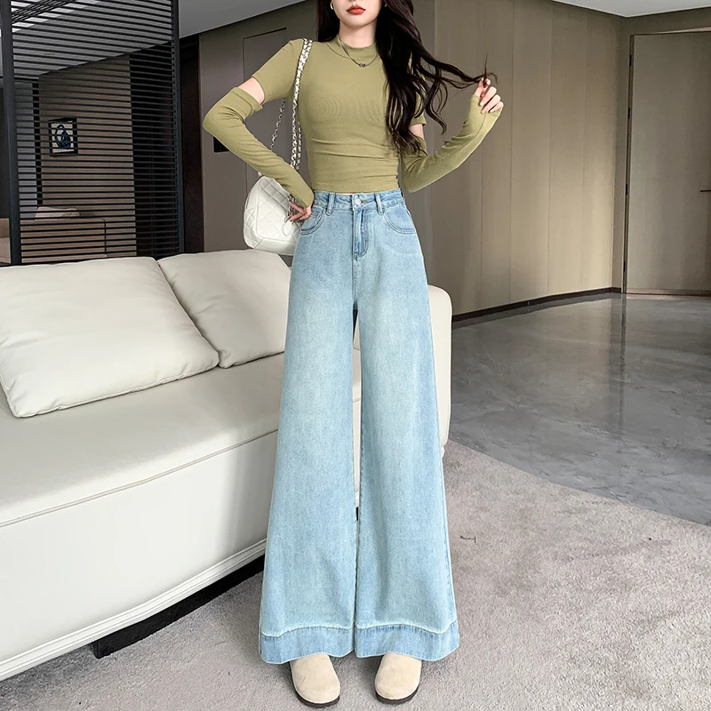 春季小个子高腰显瘦百搭宽松垂感牛仔拖地裤