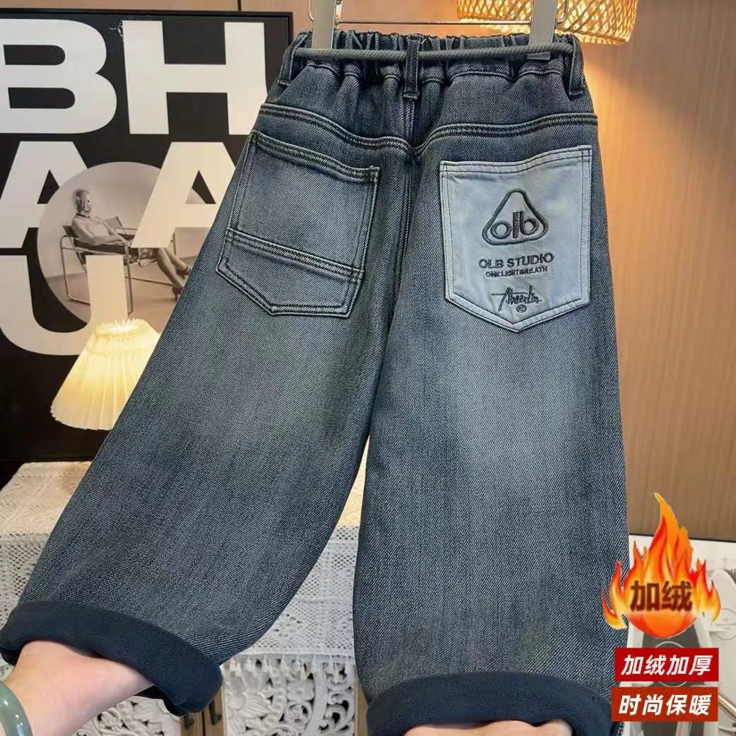 【加绒】~2025秋冬韩版时髦后兜字母男童水洗牛仔裤11165