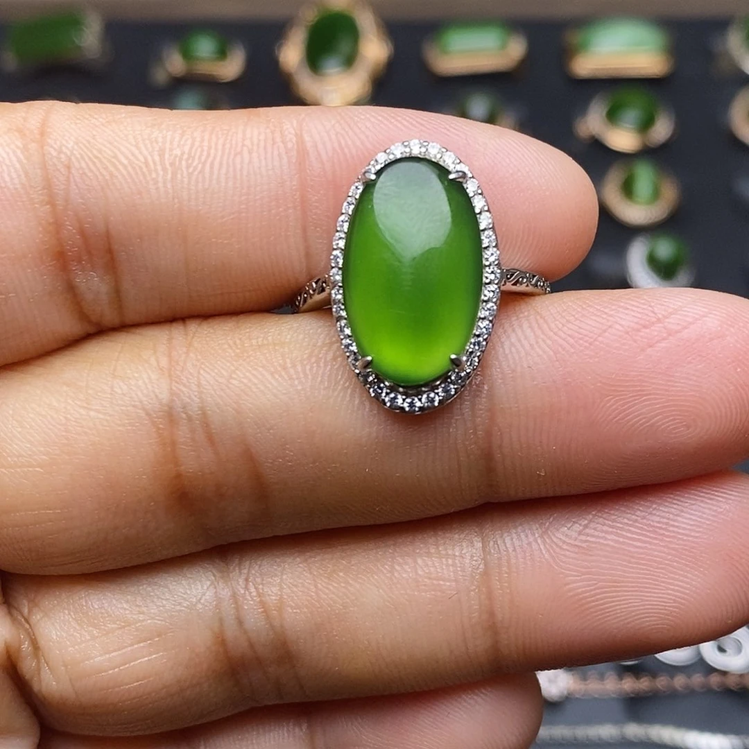 和田玉（碧玉）银S925镶嵌吊坠(不含链)戒指