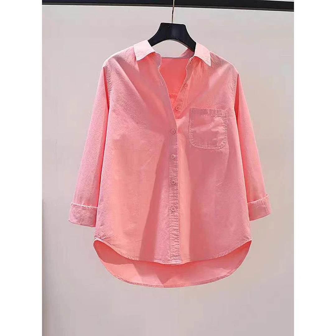 2025新款春秋长袖纯棉衬衫女宽松休闲衬衣时尚百搭单口袋衬衣上衣