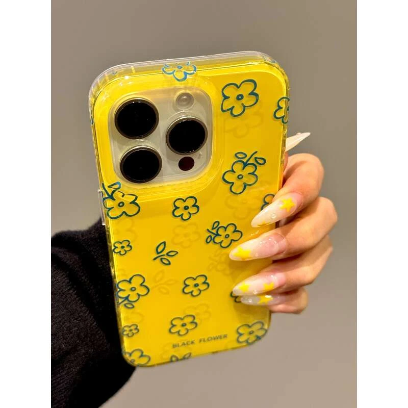 韩系ins黄底线条小花枝叶适用iphone16proma苹果15手机保护壳14pr