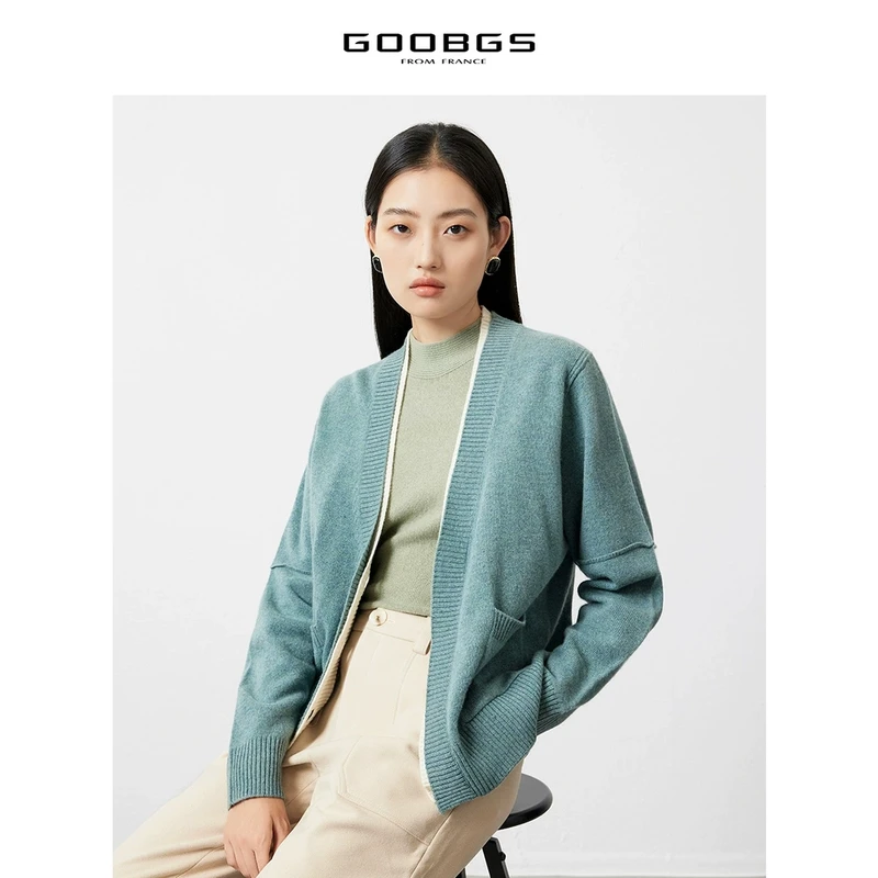 谷邦GOOBGS 100绵羊毛拼色针织开衫 G2374807