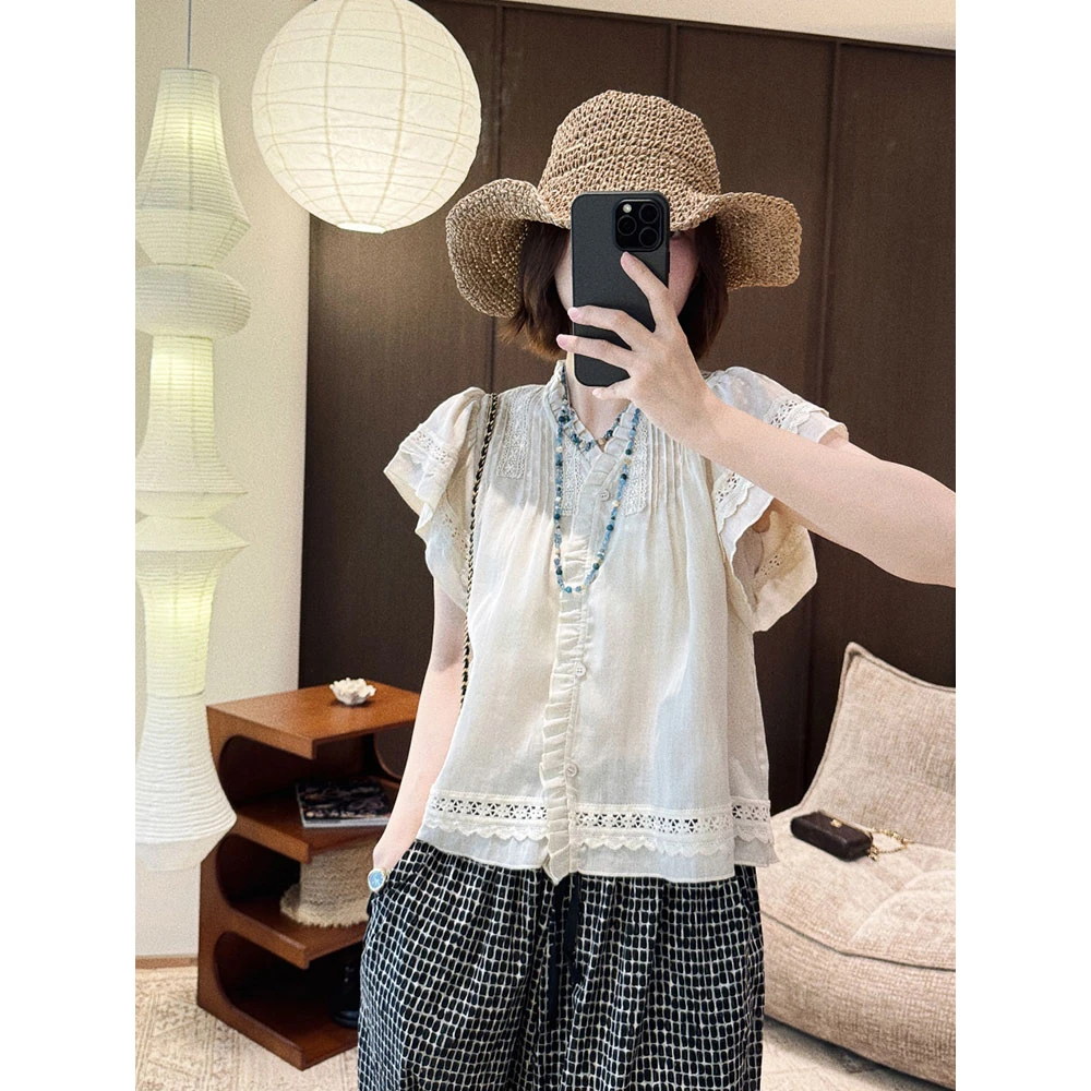 【MGDM】日系甜美苎麻天丝重工刺绣打条小飞袖短袖衬衫上衣女夏