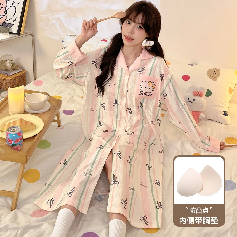 可爱睡裙女带胸垫春秋季开衫长袖睡衣裙家居服秋冬薄款