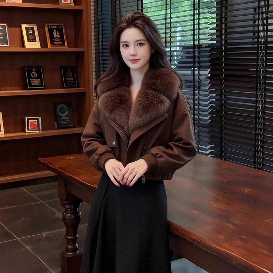 2025冬季款洋气小众大毛领短款毛呢外套女懒惰风宽松百搭呢子大衣
