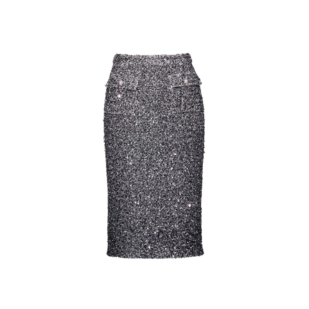 【CHICO专属】亮片中长半裙银色，C4AD10114005